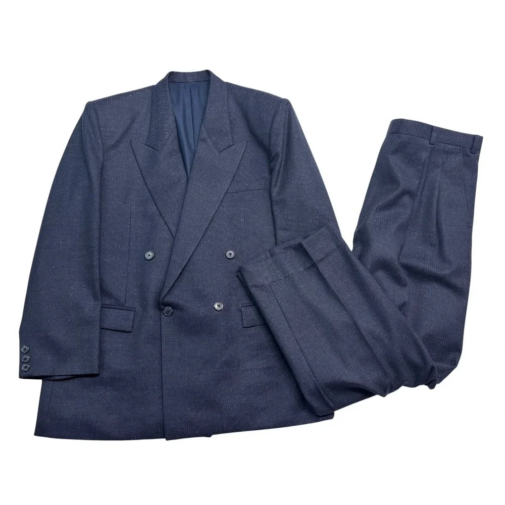 vtg 80s Bespoke 44S 38x29 Navy Blue Double Breasted 2pc Pant Suit Wool Pleated